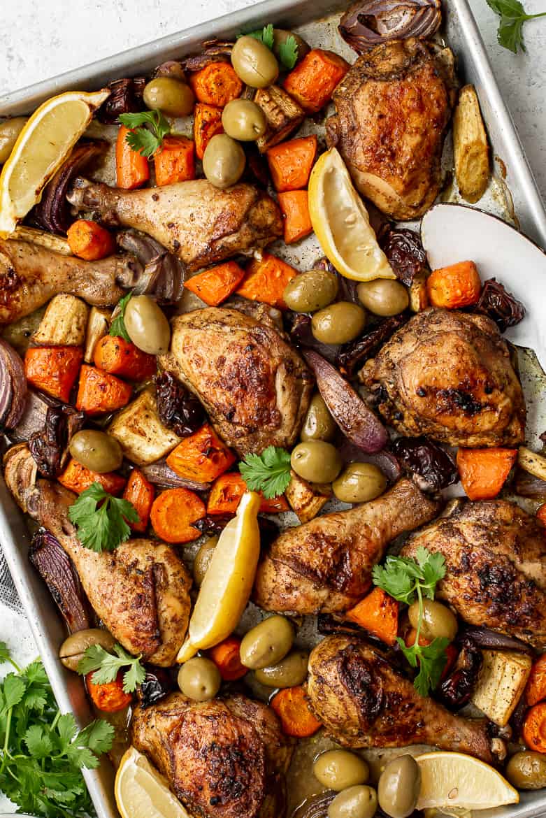 Chicken and vegetables with Moroccan spices on a sheet pan 