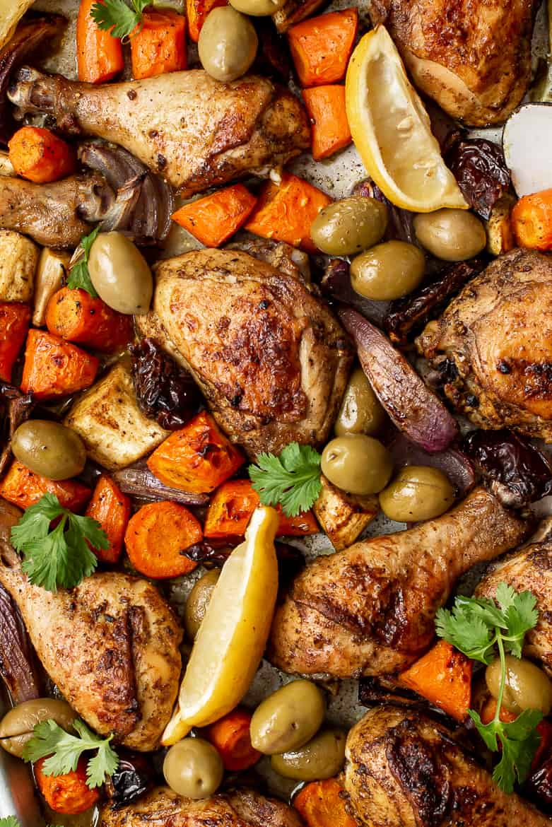 Close up of Moroccan Sheet pan chicken and vegetables