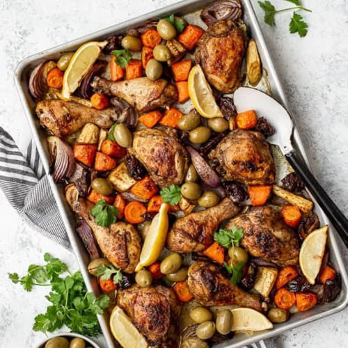 Moroccan Chicken on a sheet pan with vegetables