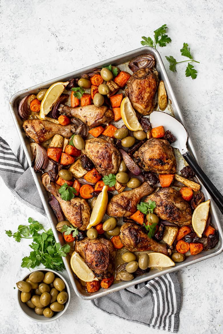 Moroccan Chicken on a sheet pan with vegetables