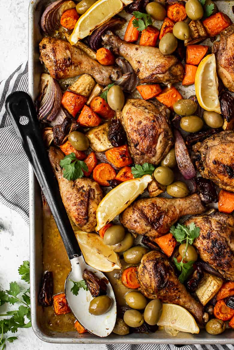 Sheet pan chicken and vegetables with olives and spices