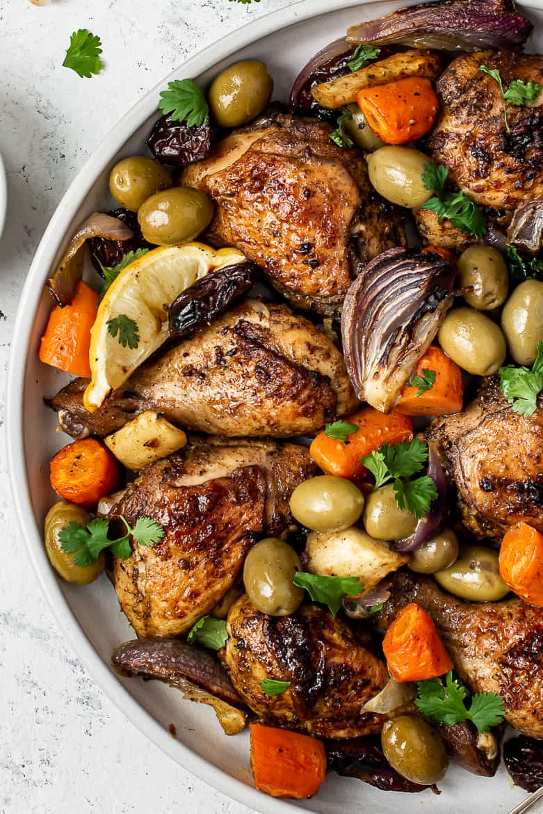 Sheet pan chicken and vegetable dinner on a platter