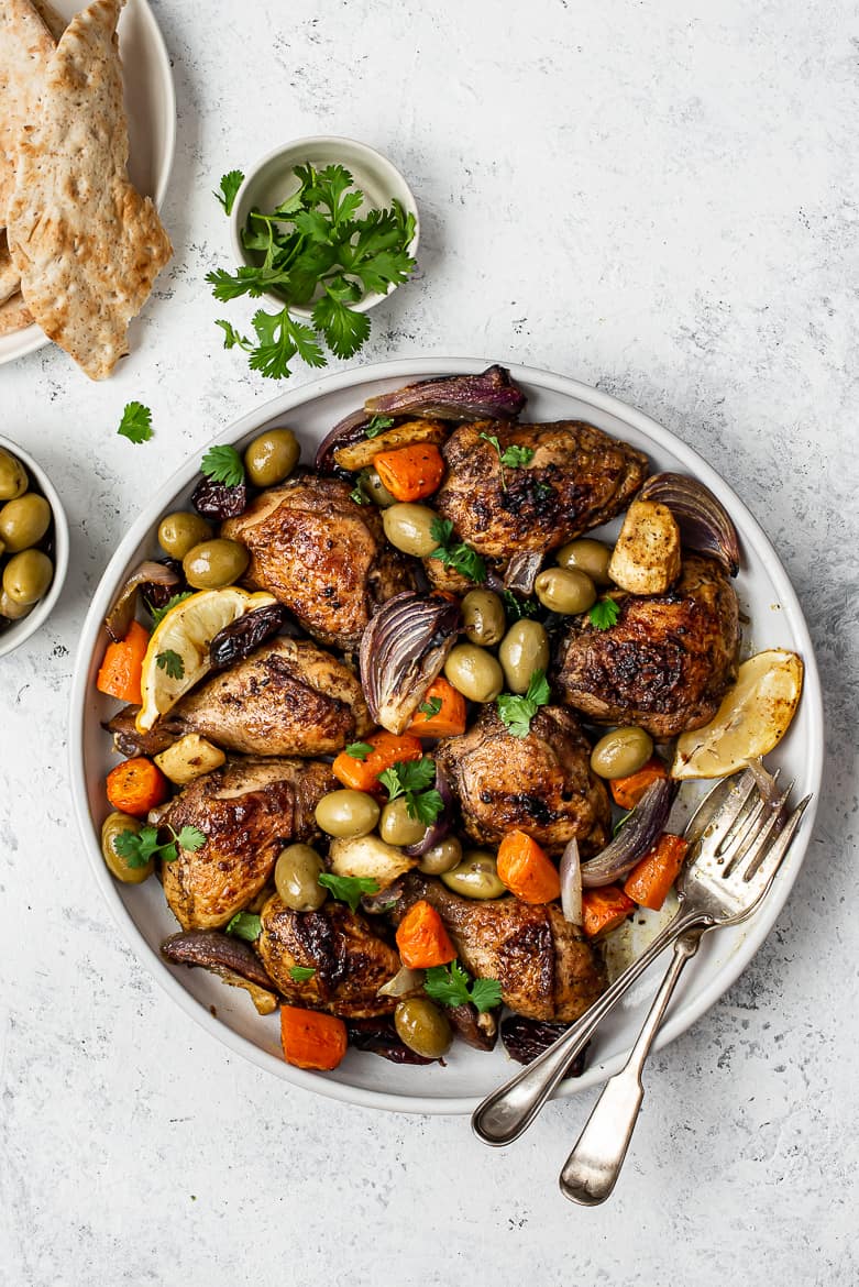 Sheet pan chicken and vegetable dinner on a platter