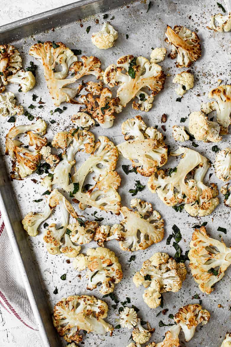 Roasted cauliflower on baking sheet