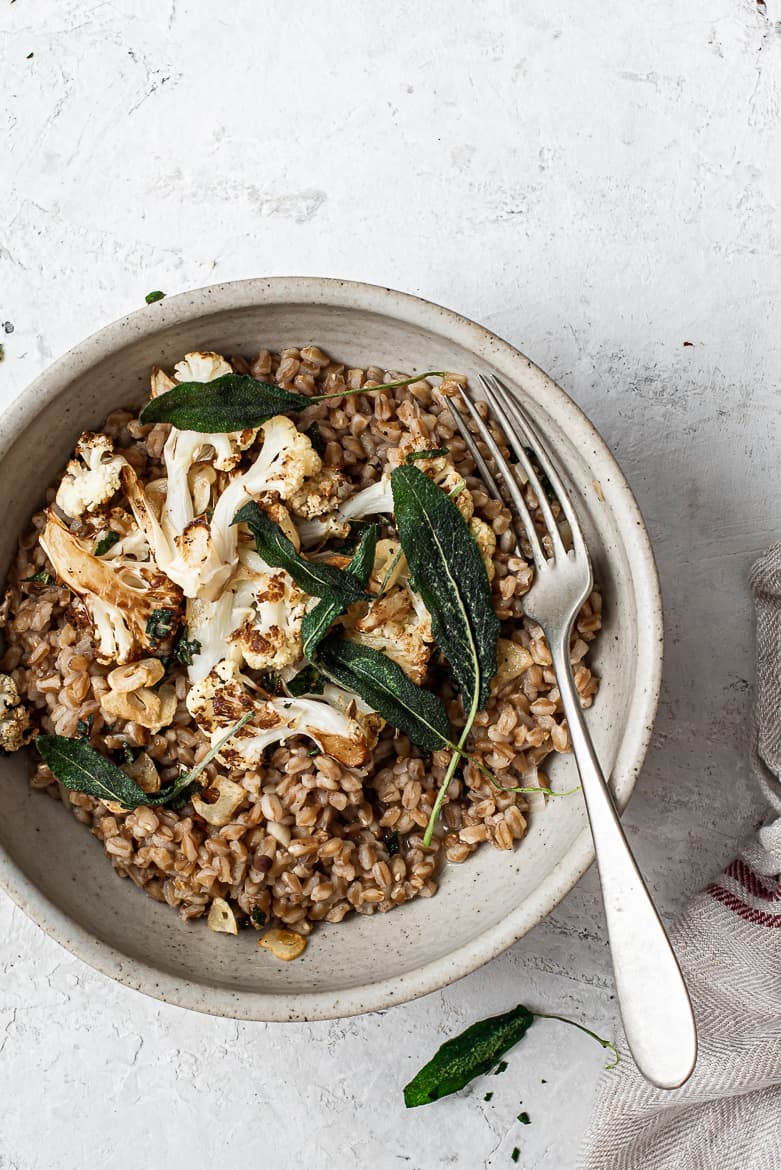 Farro risotto in bowl with cauliflower