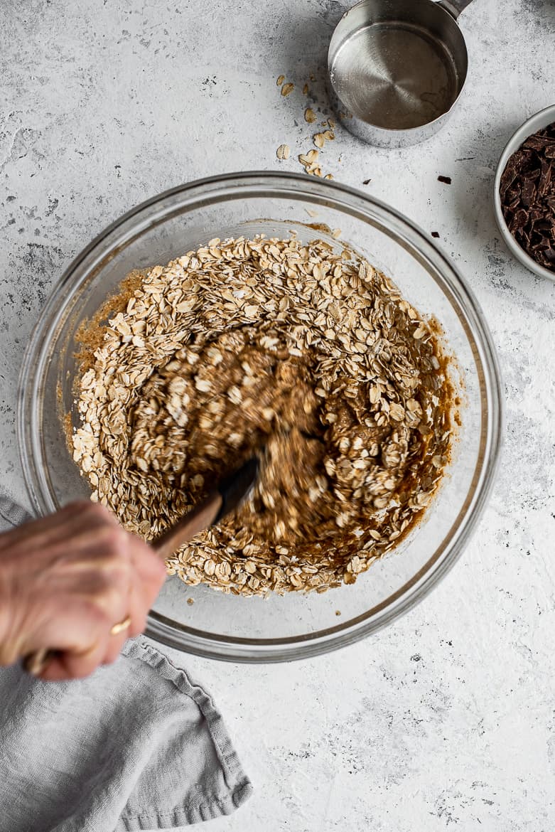 Mixing cookie ingredients in a bowl