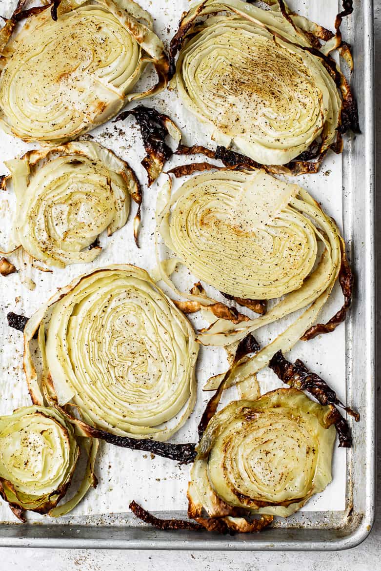 cabbage steaks on baking sheet - roasted