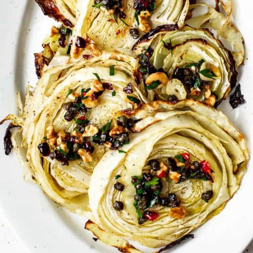 Close up of cabbage steaks on platter