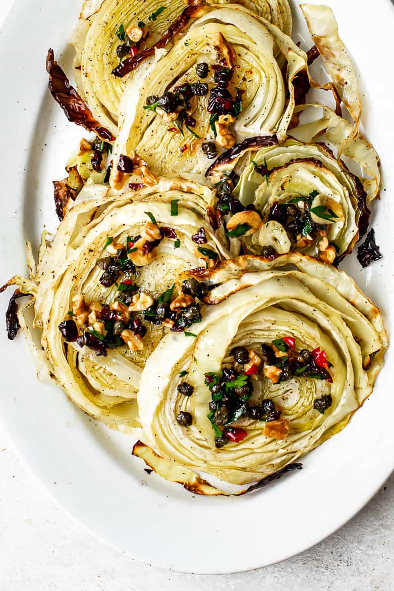 Close up of cabbage steaks on platter