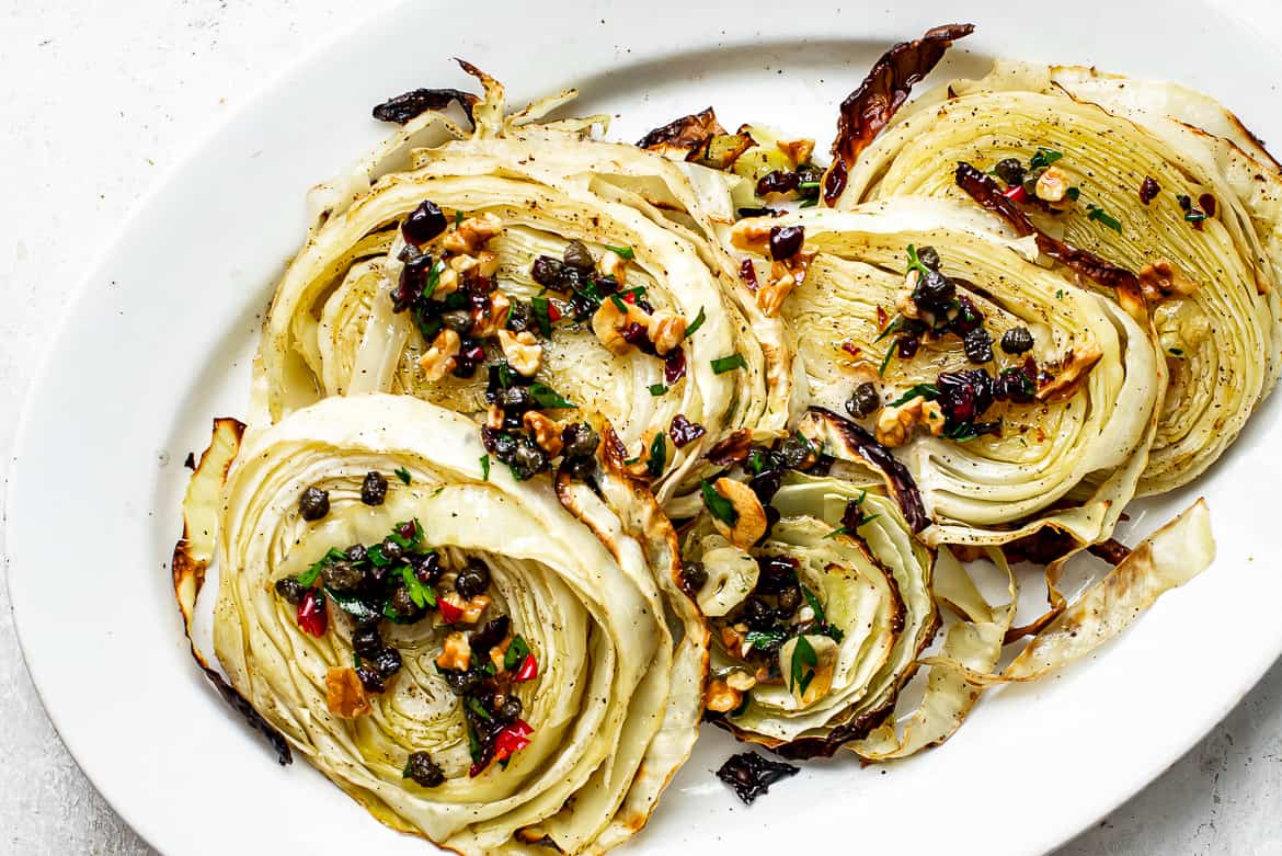 Close up of cabbage steaks on platter