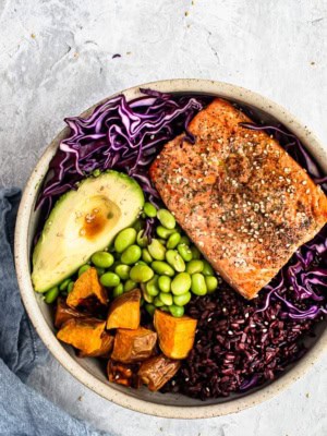 Salmon Rice bowl with sweet potatoes