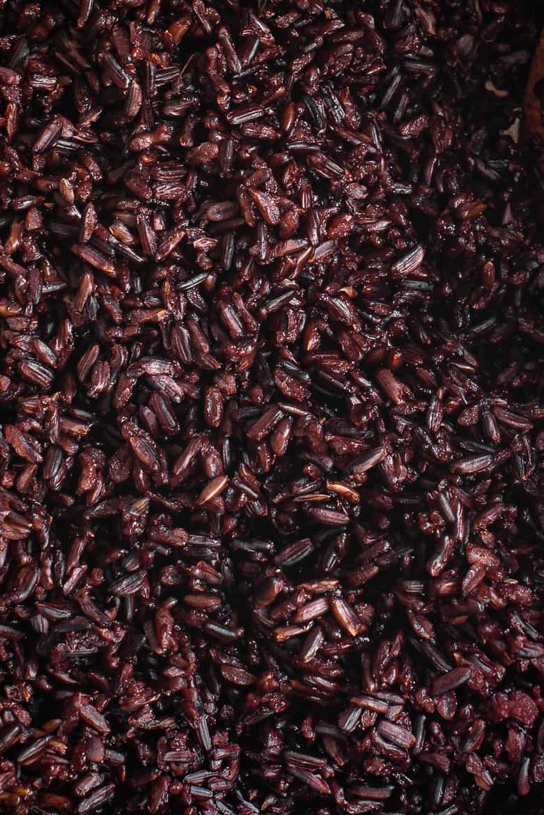 Close-up of cooked riceberry grains
