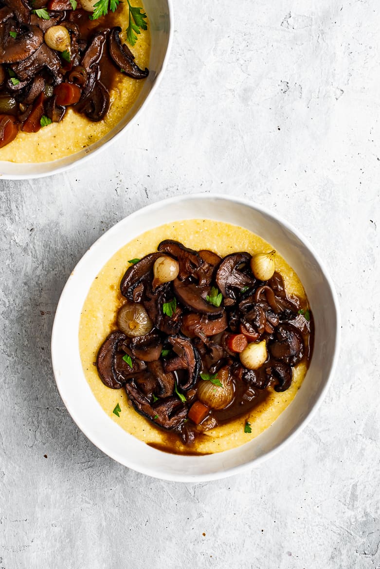 Mushroom Bourguignon served over creamy polenta