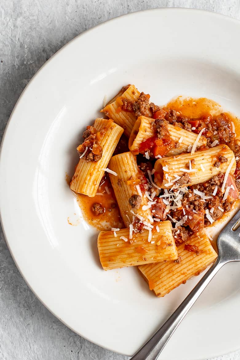 Close up of Bolognese with rigatoni pasta 