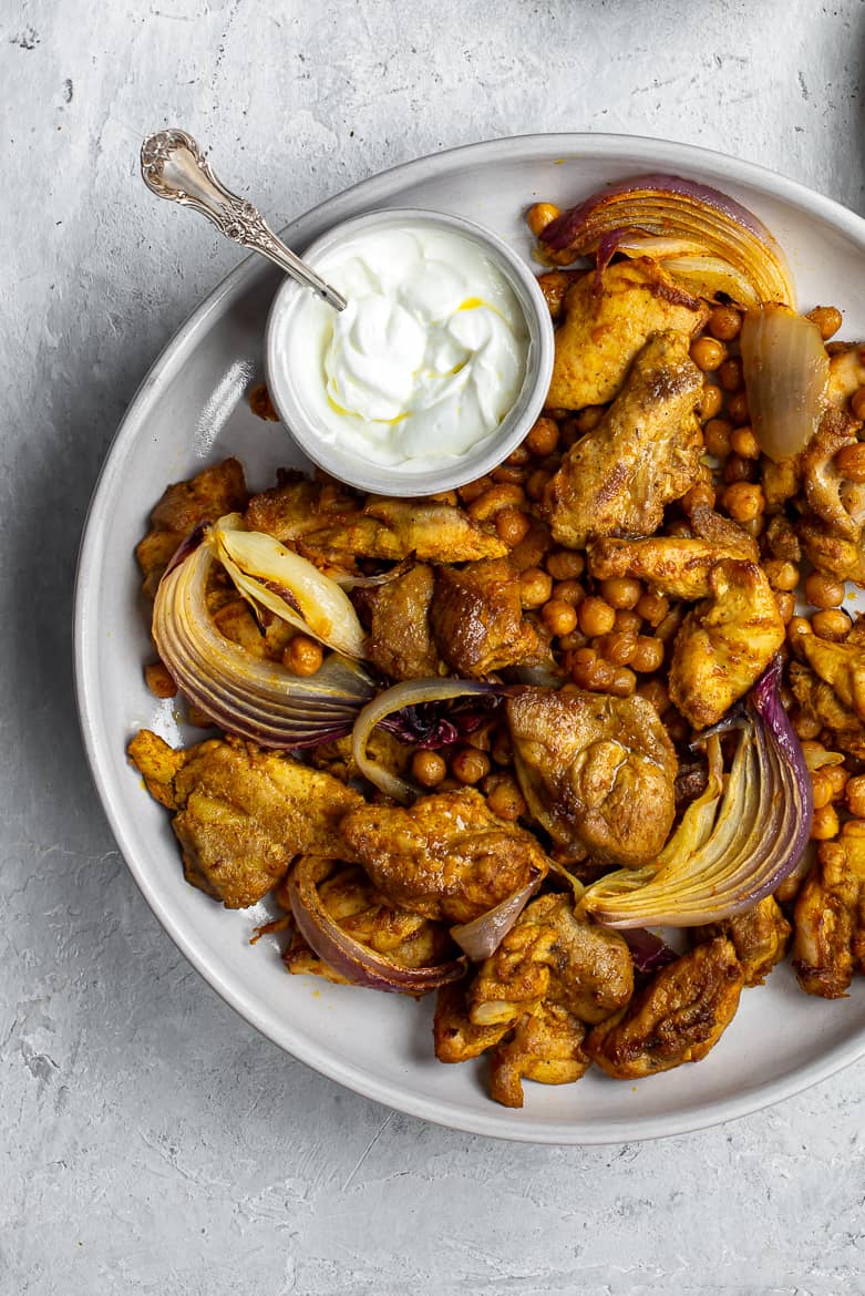  closeup of shawarma chicken chickpeas