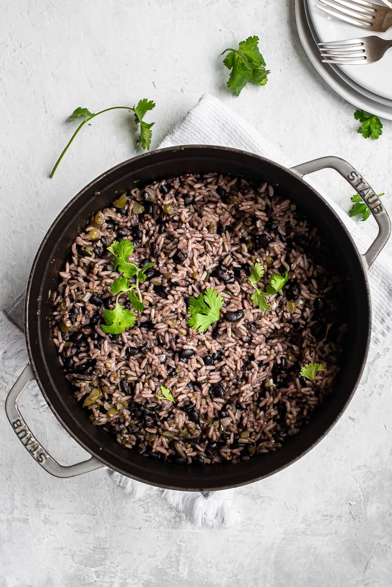 Moro - black beans and rice garnished with fresh cilantro