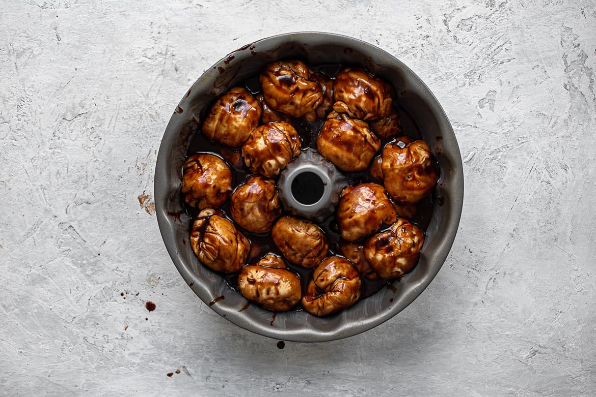 chocolate dough balls in bundt pan