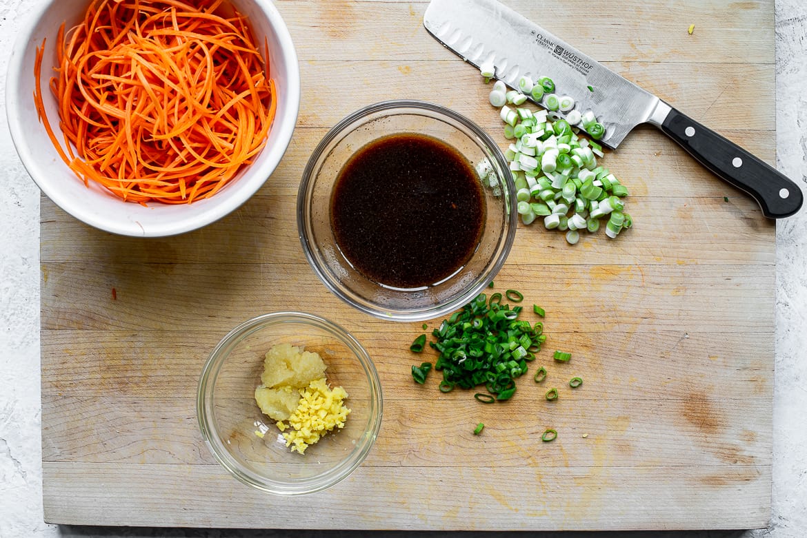 Chopped scallions, minced ginger and garlic and shredded carrots