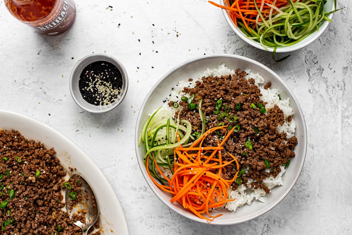 Quick Asian flavoured beef with rice with quick pickled carrots and cucumbers