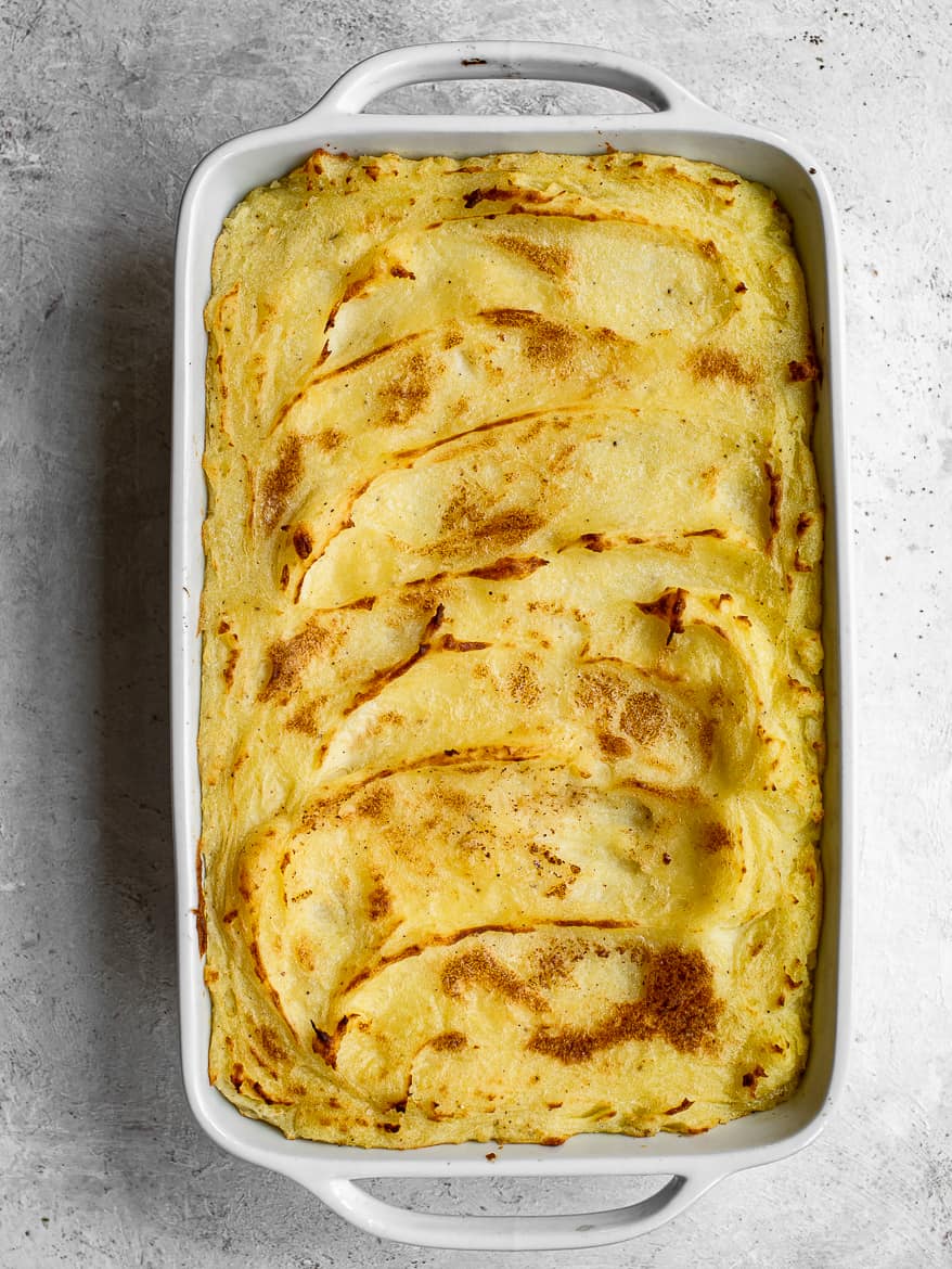 turkey shepherd's pie out of the oven with crispy potato topping