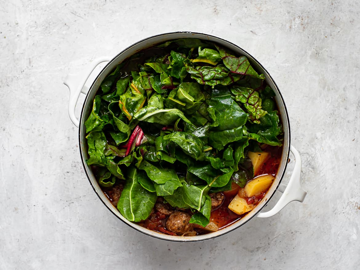 Chopped swiss chard in pot