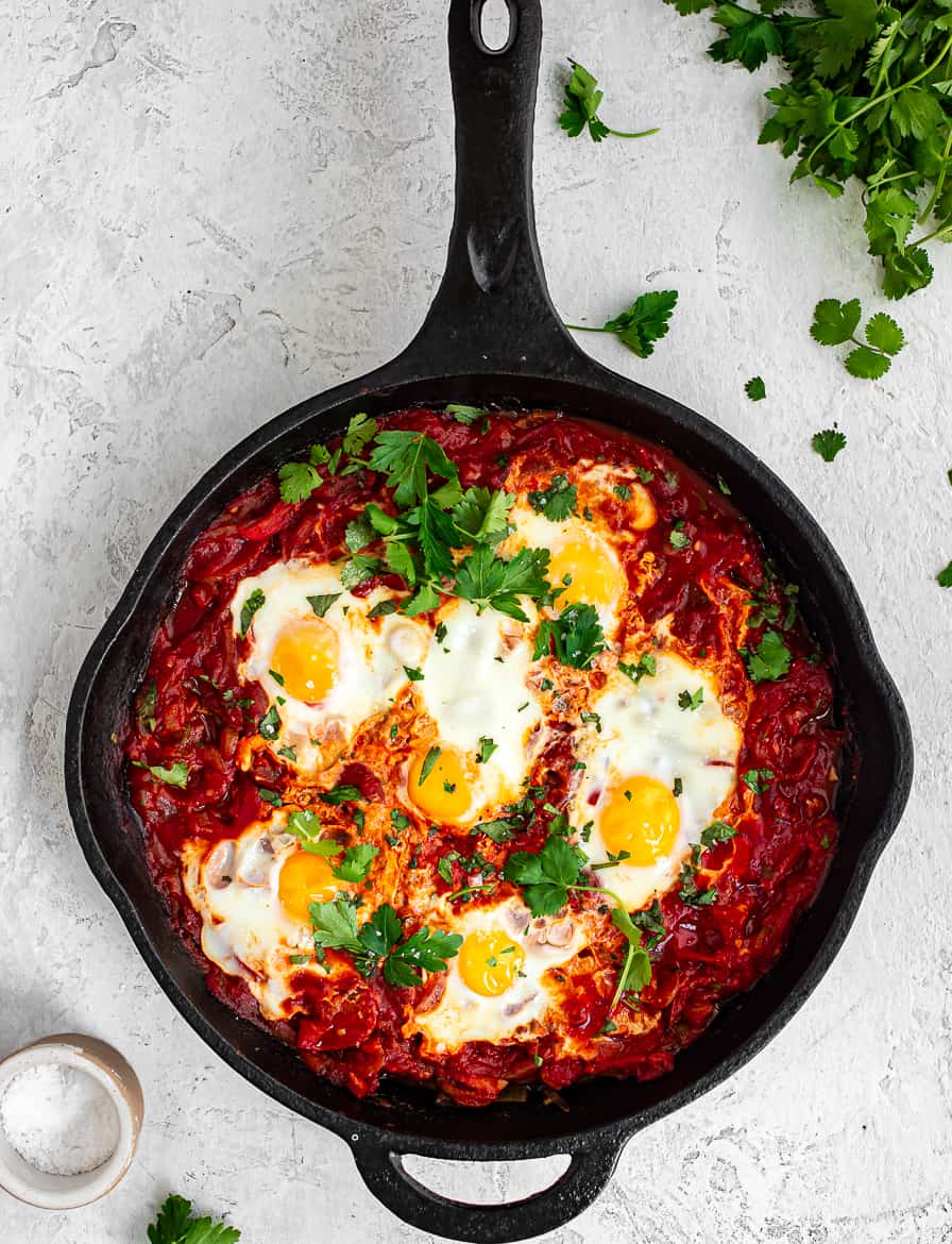 Shakshuka ready to be served in skillet