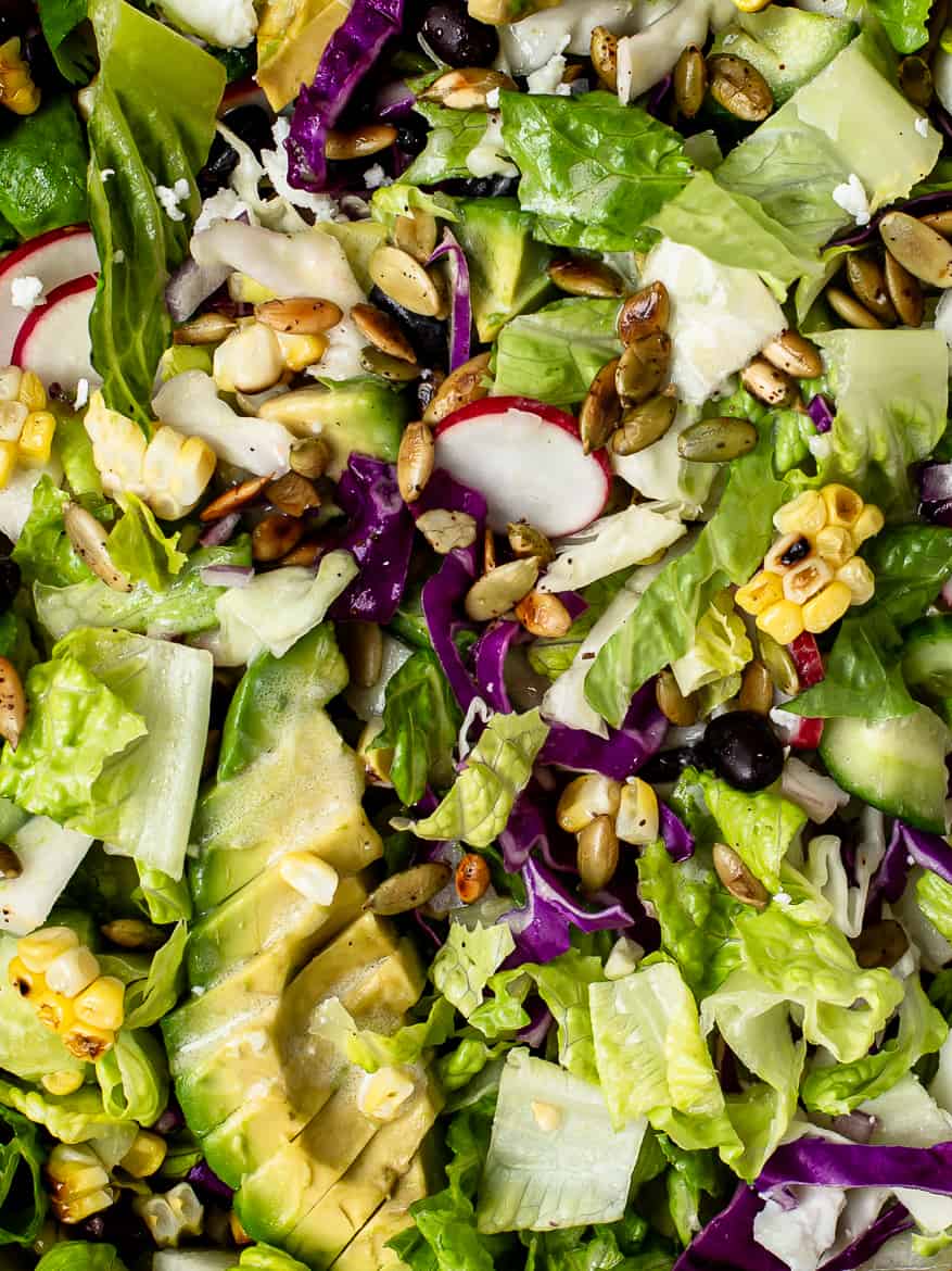 Close up of Mexican chopped salad with chipotle pepitas 