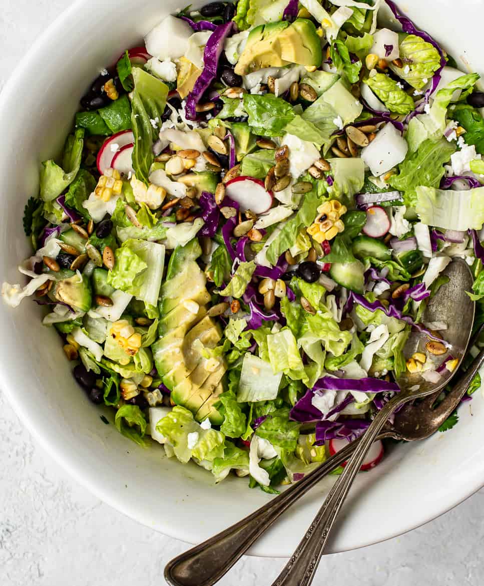 Mexican chopped salad with chipotle pepitas in bowl