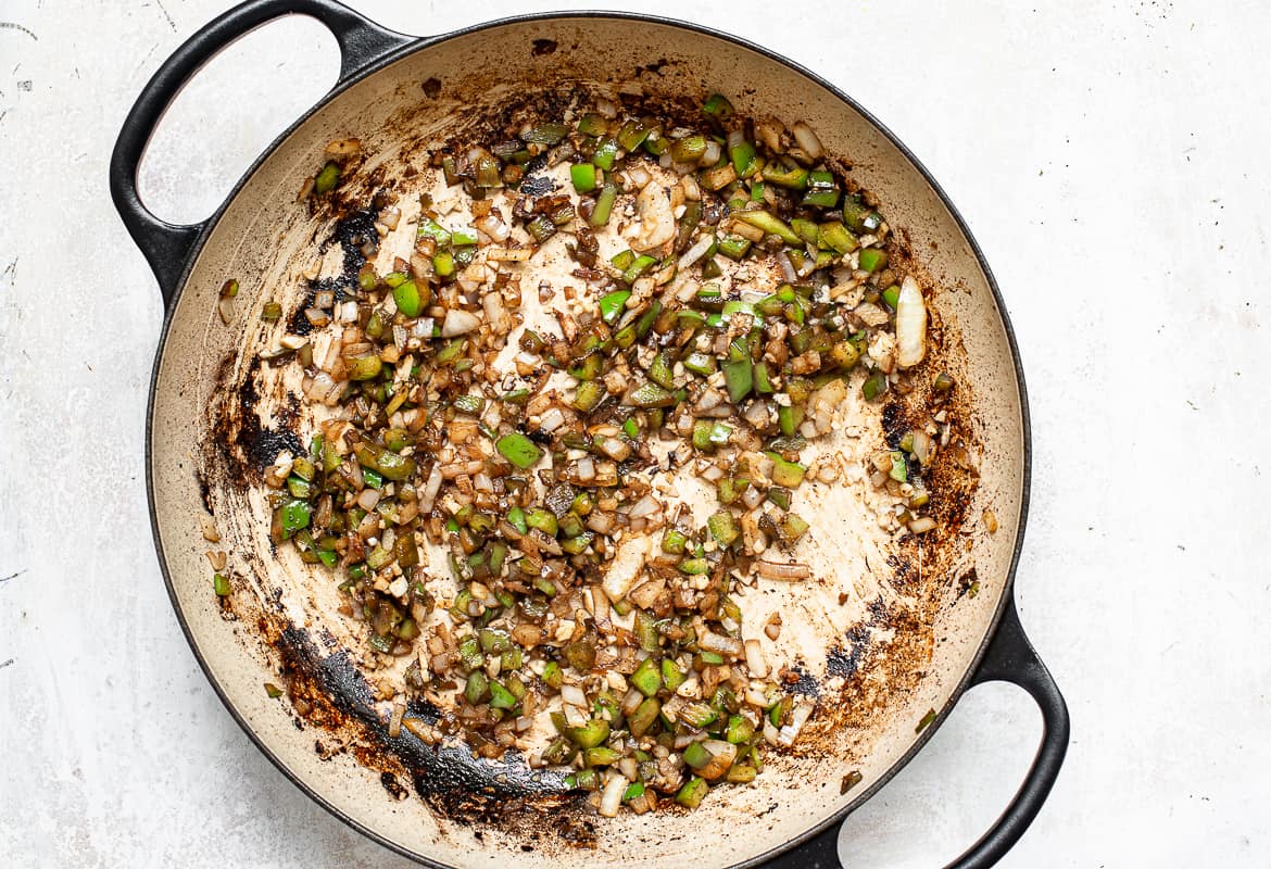 Sautéing onion, green peppers and garlic