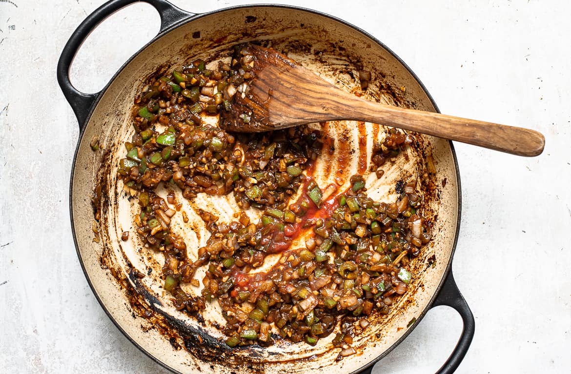 Sautéing onion, green peppers and garlic