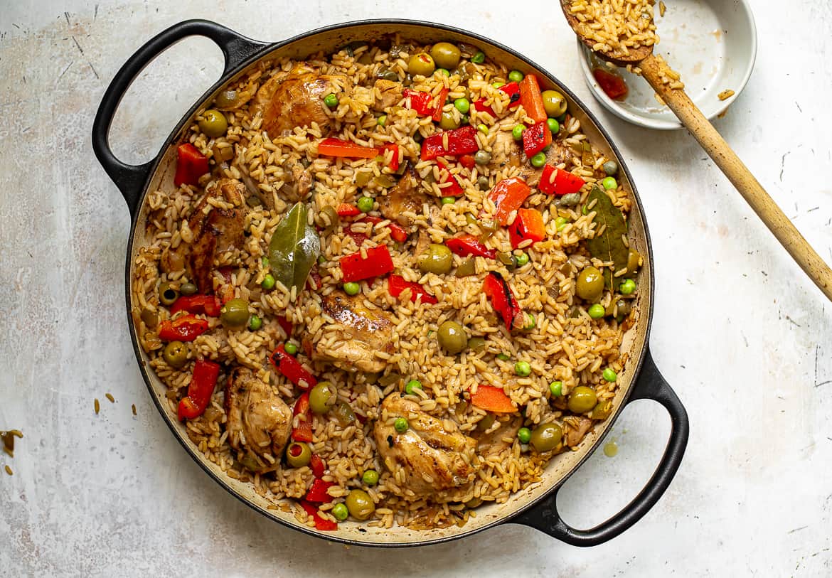 Arroz con pollo - chicken and rice in pot 