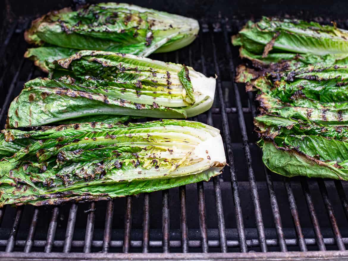 Romaine lettuce hearts on grill