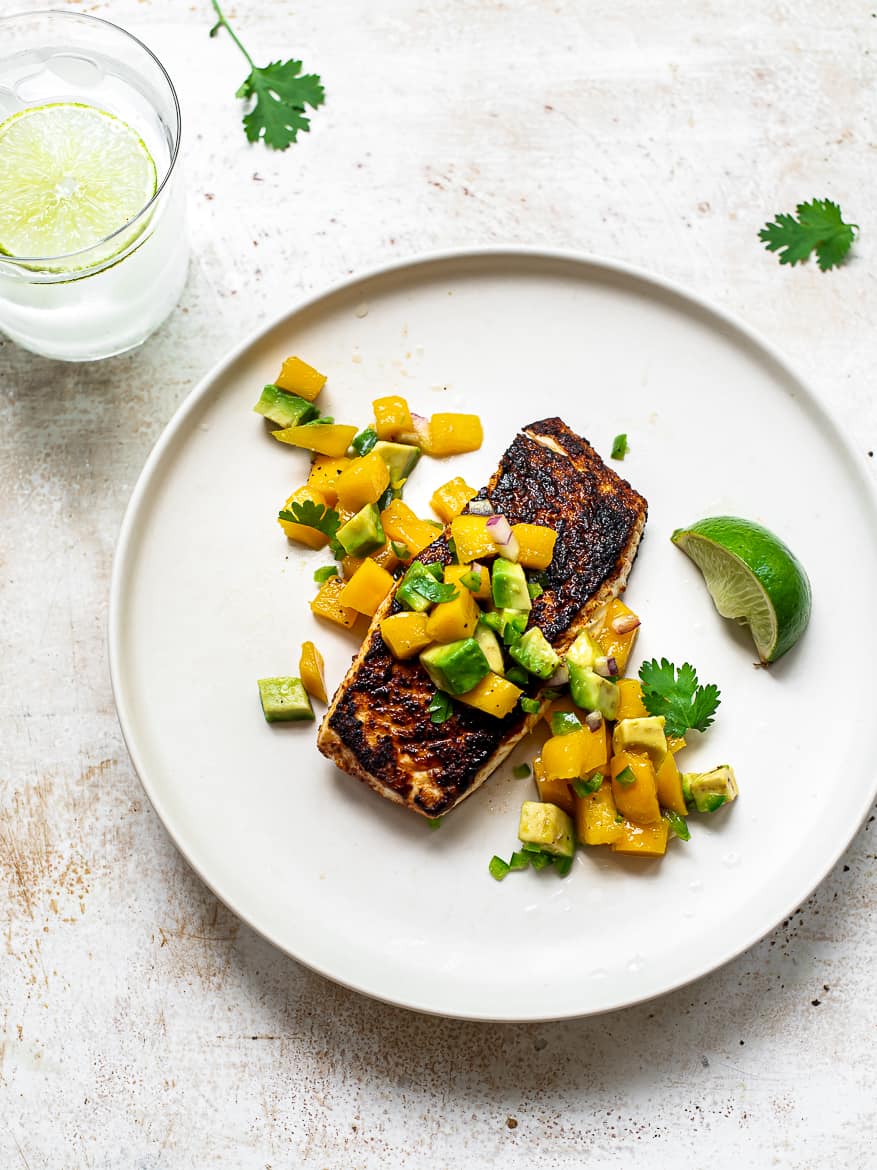 blackened fish with mango salsa plate