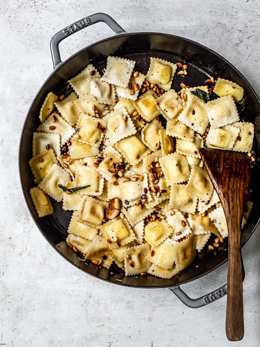 Cooked ravioli pasta in pan