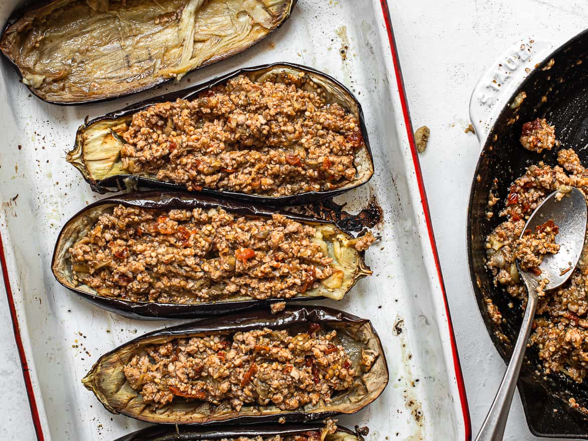 Stuffing eggplant shells with turkey mixture