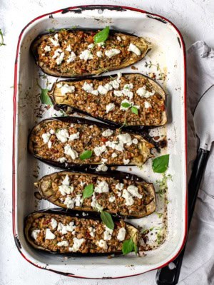 Turkey Stuffed Eggplant in baking tray