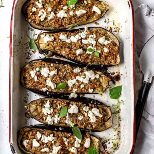 Turkey Stuffed Eggplant in baking tray