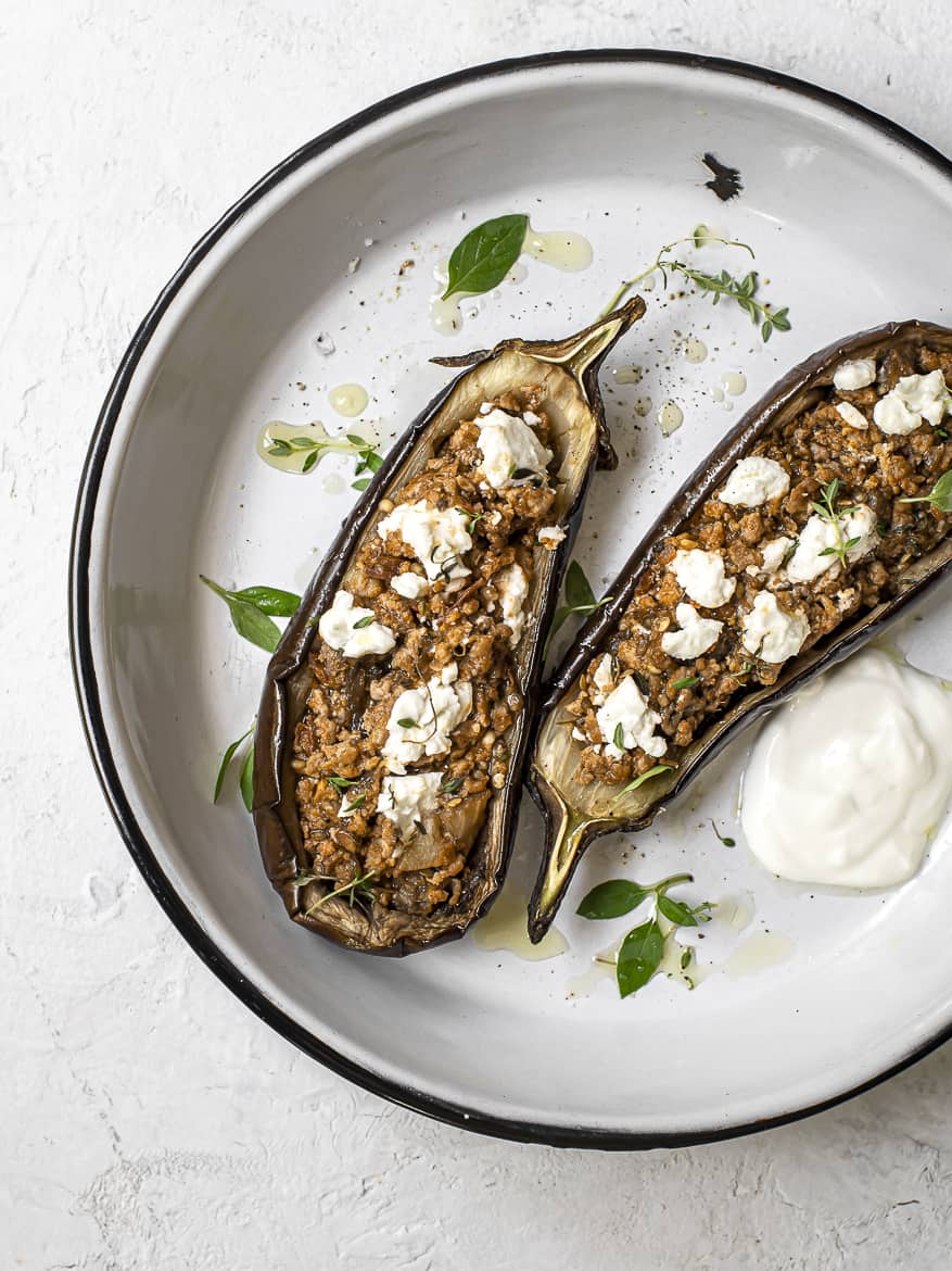 Two Turkey Stuffed Eggplant served in dish