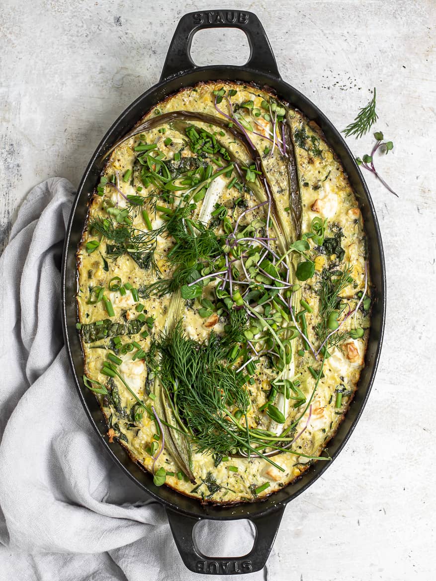 Epic summer frittata in baking dish 