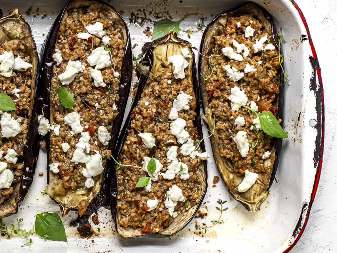 Close up of Turkey Stuffed Eggplant in baking tray
