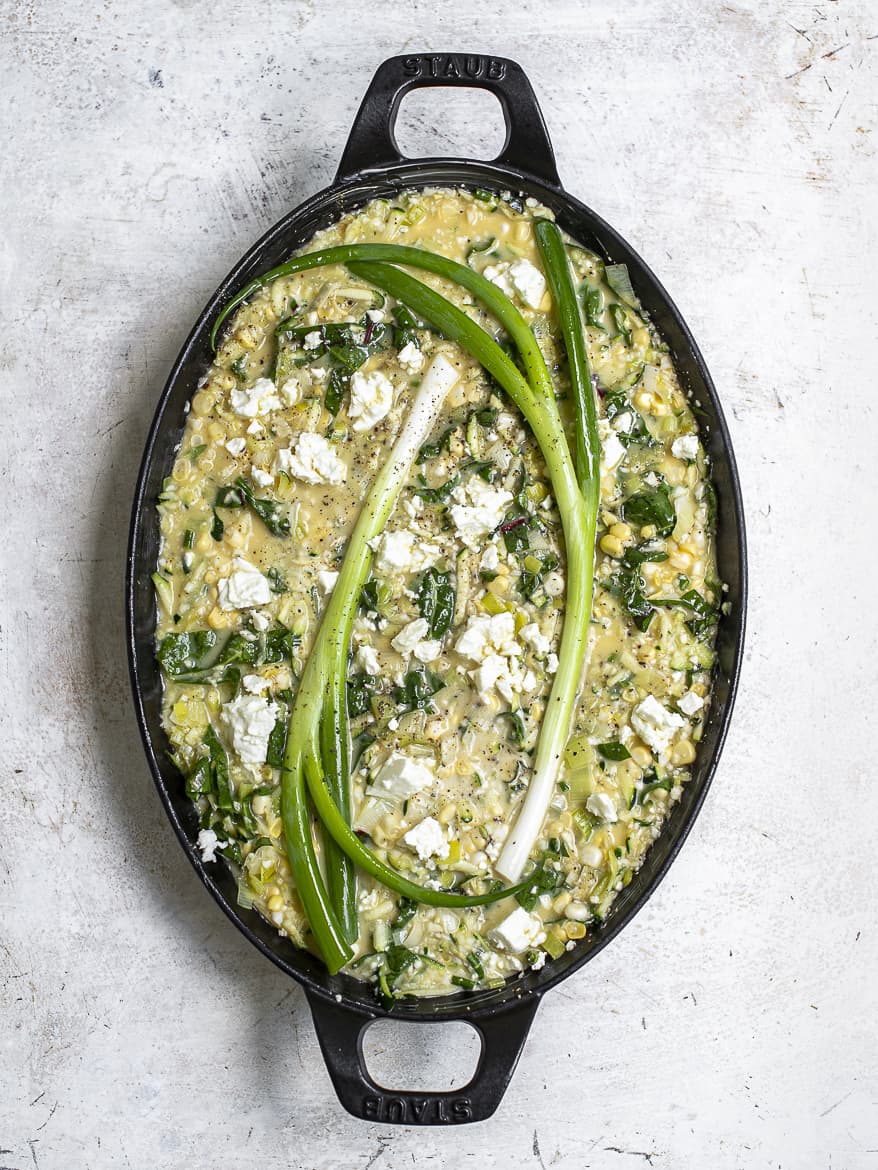 Frittata in baking dish before baking 