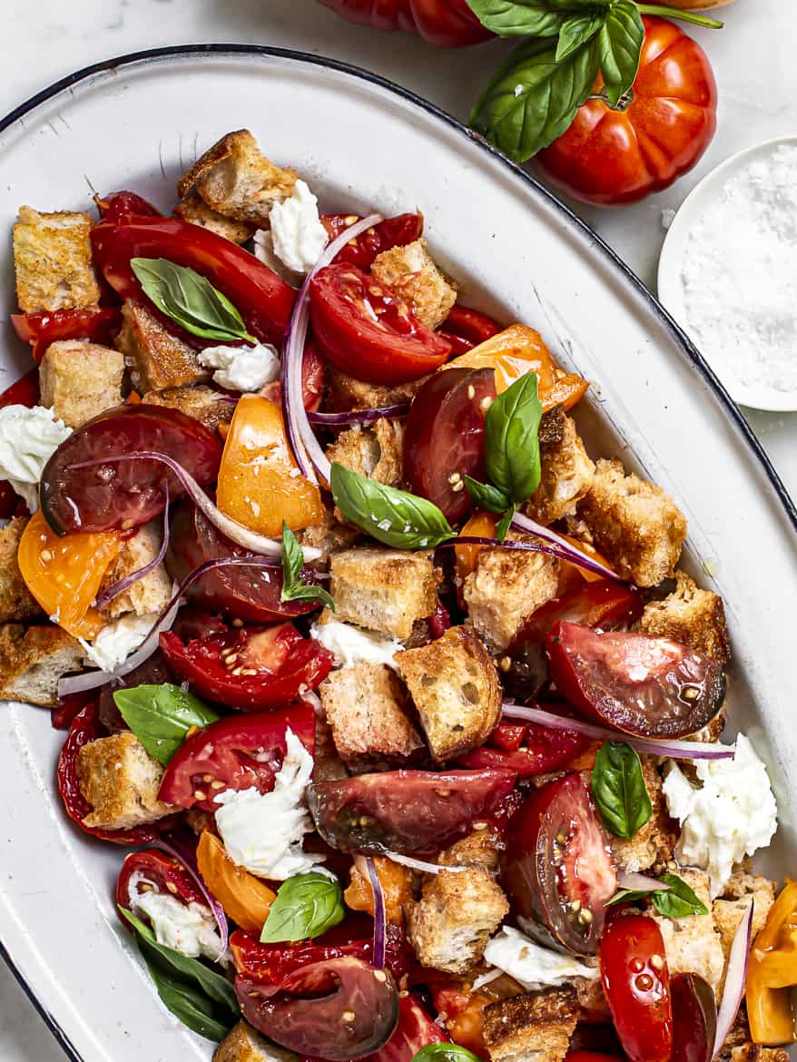 Summer Tomato Panzanella Salad on platter