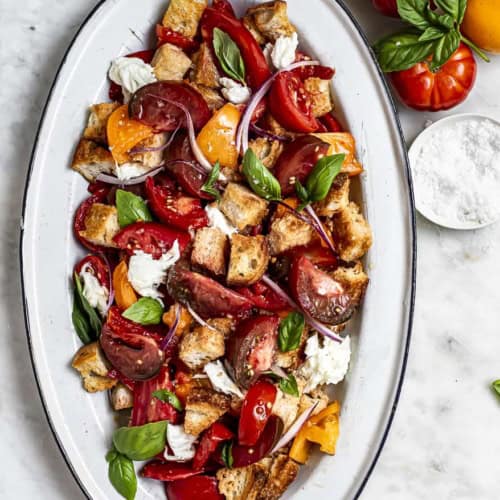 Summer Tomato Panzanella Salad on platter