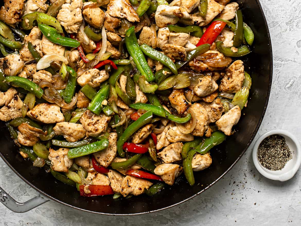 Close up of chicken with peppers stir-fry