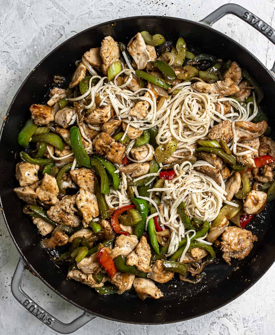 Black Pepper Chicken in skillet with noodles