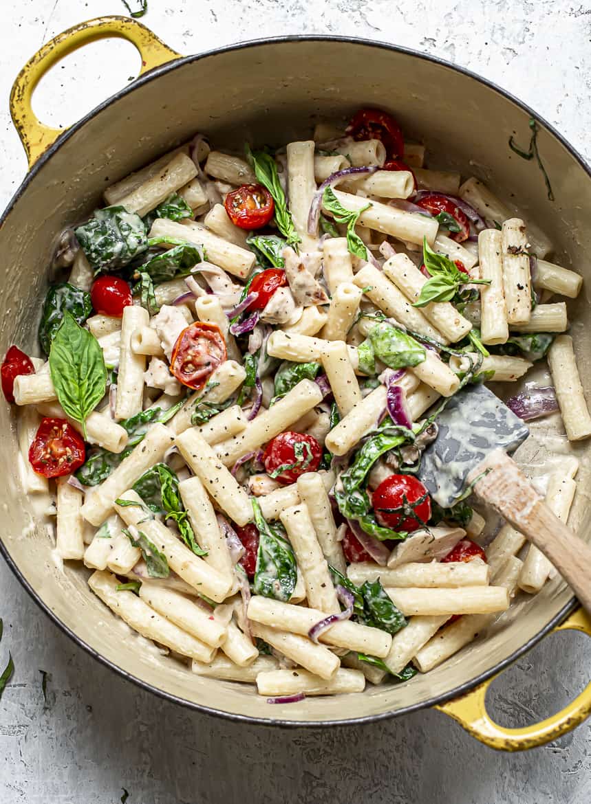 Creamy hummus pasta in pan