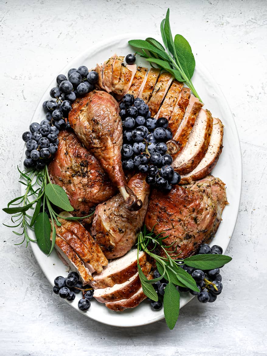 Spatchcock Turkey with dry brine on platter