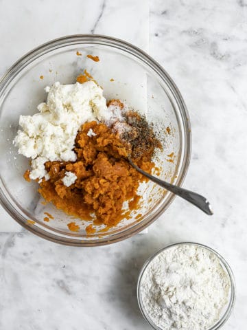 Mashing sweet potato with ricotta cheese