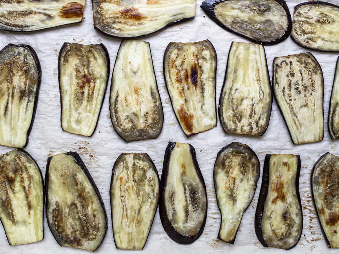 roasted eggplant on baking sheet