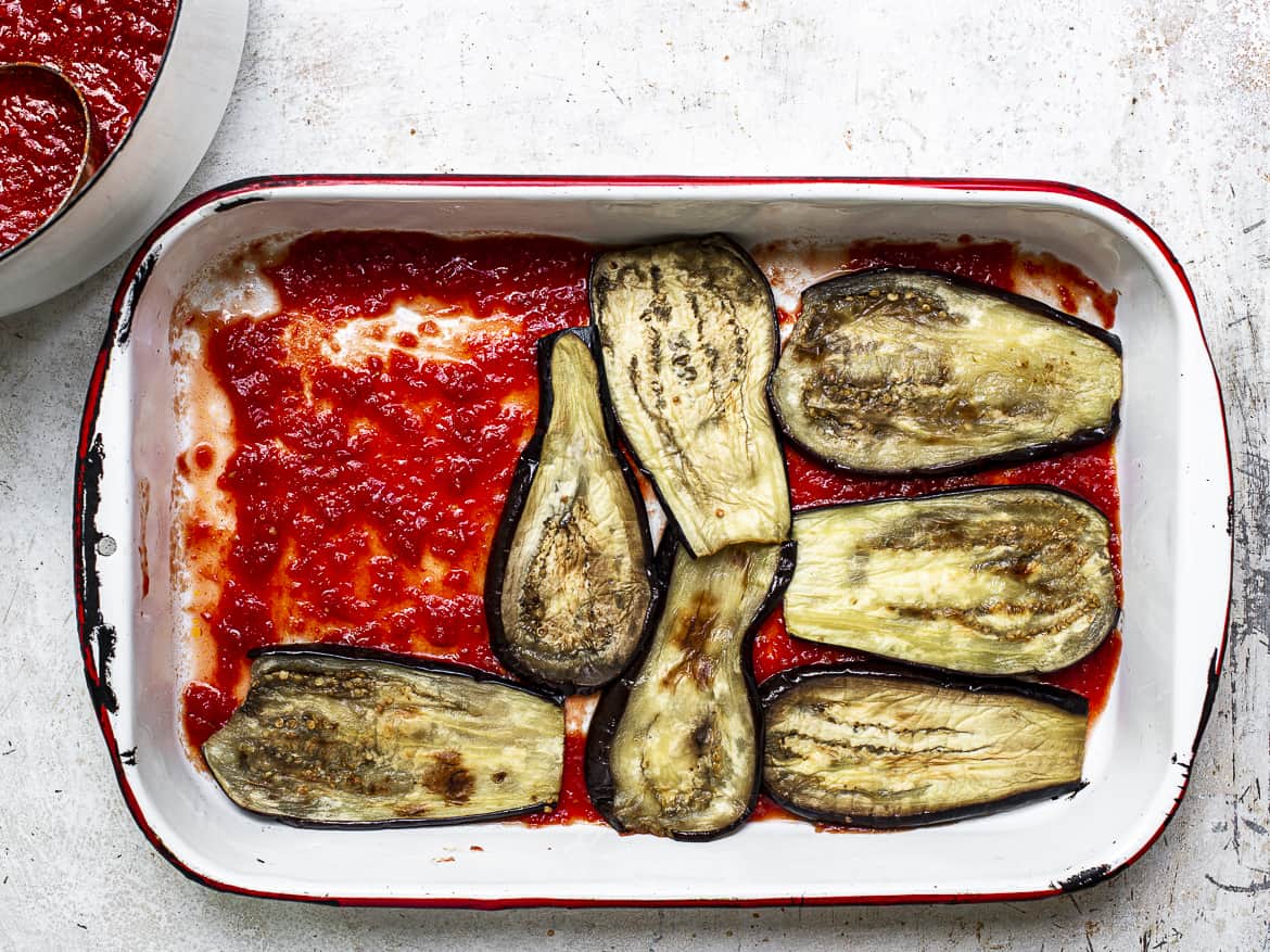 Assembling the eggplant parmesan